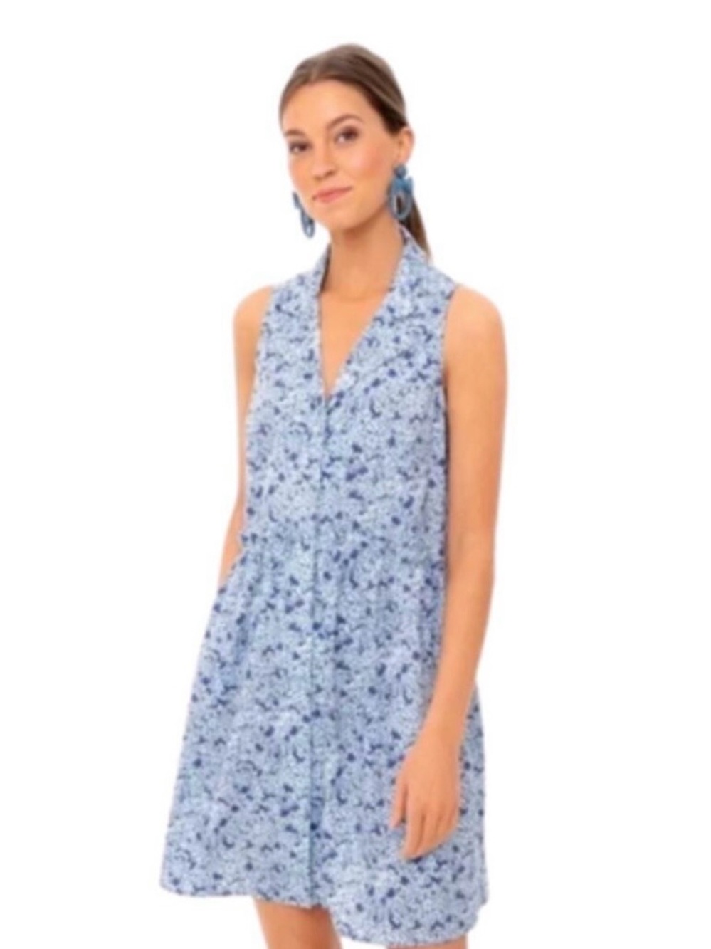 Tuckernuck Sleeveless Royal Shirt Dress Button Up Blue Hydrangea Brunch Beach XS